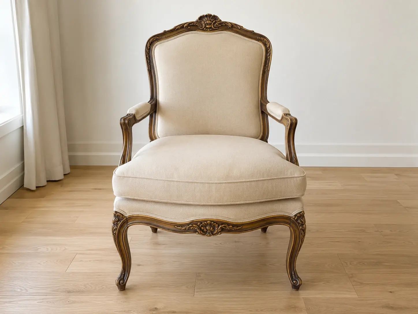 Secondhand chair listing photo with laundry basket and floor clutter erased from the room