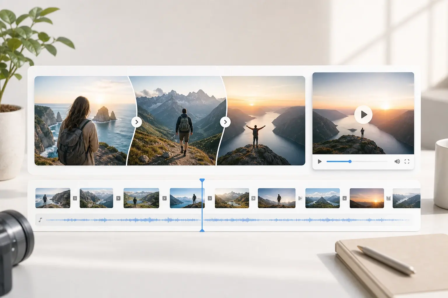 Person arranging travel photos in sequence to make a video with pictures using VideoAI in a browser