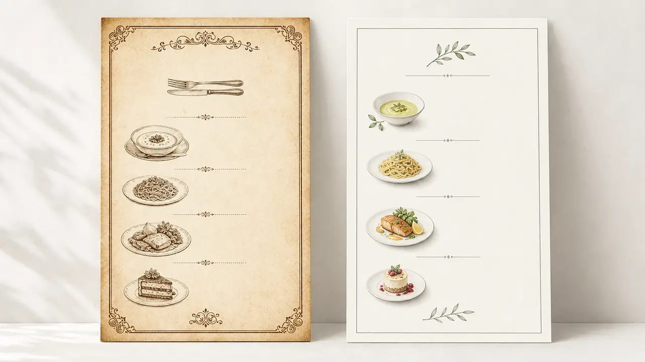 Two restaurant menu designs in vintage and minimal styles generated from text prompts