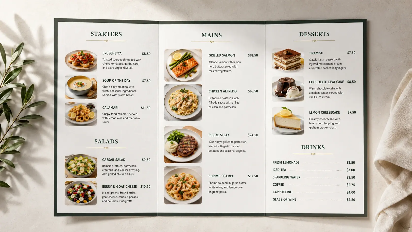 Close up of a menu design showing dish names and prices rendered clearly by VideoAI