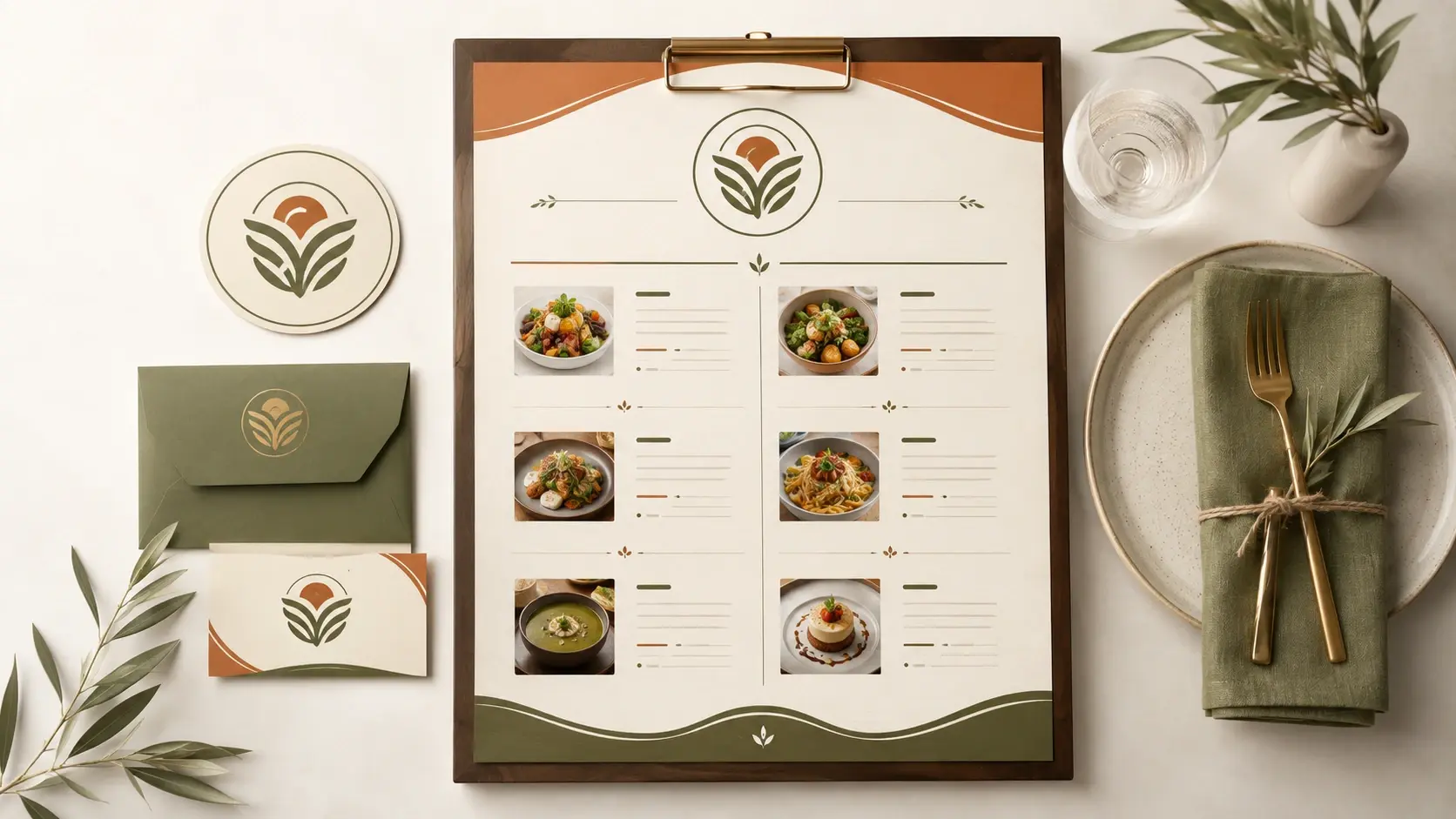 Restaurant logo blended into a menu design with matching brand colors by VideoAI