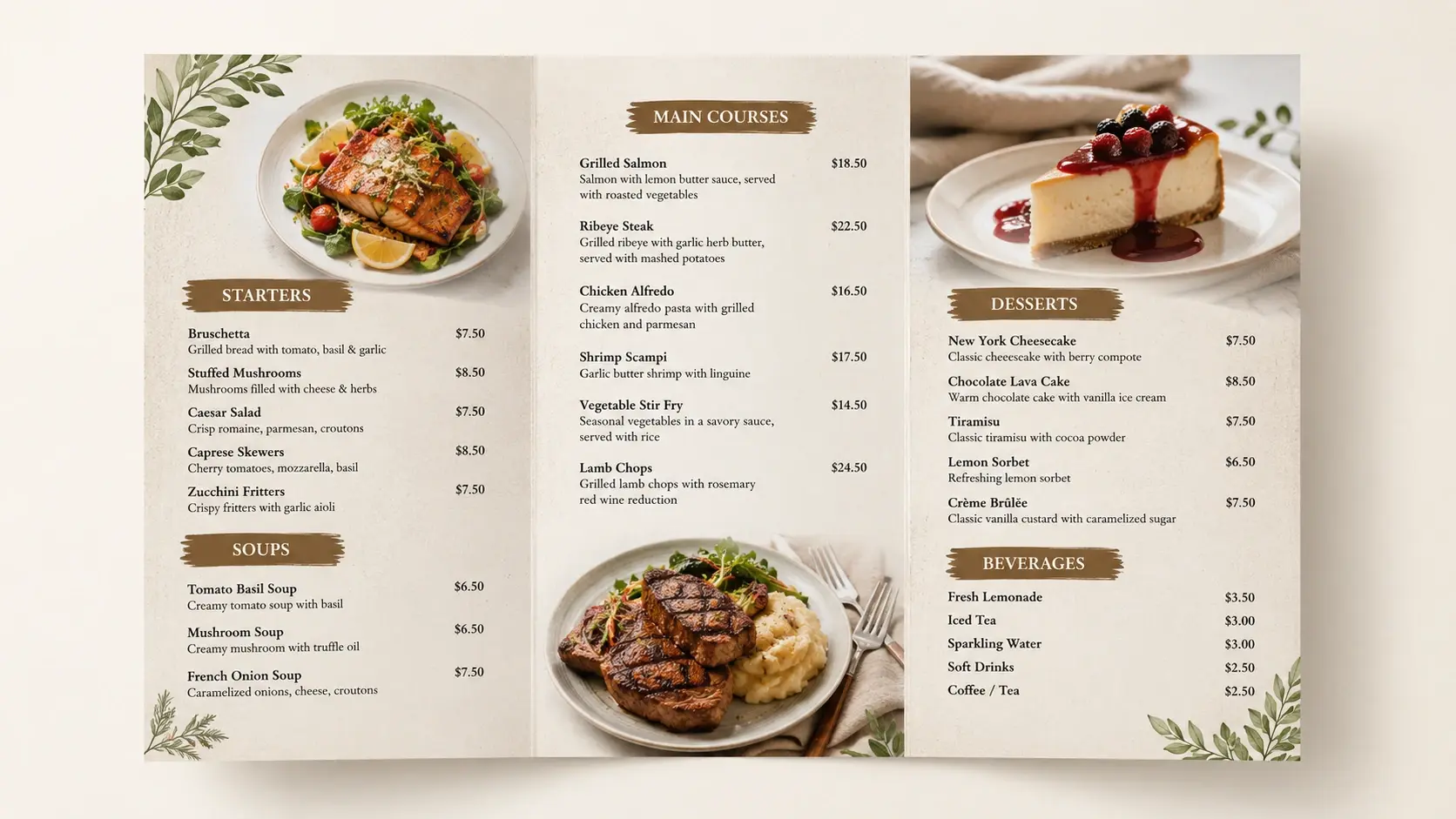 Print ready restaurant menu design with dish names and prices from an online menu maker
