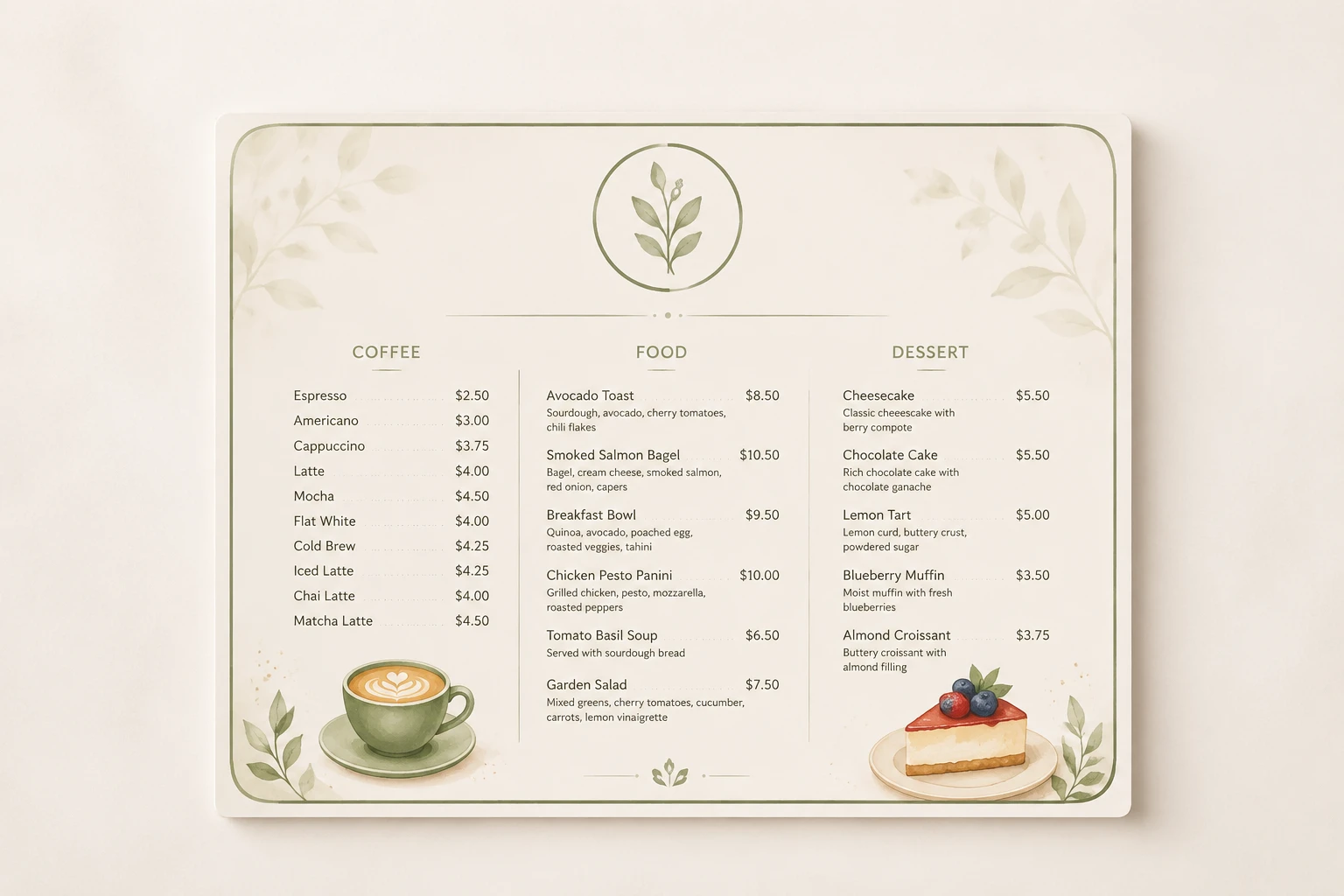 Prompt box describing a cafe menu with dish names, prices, and an uploaded logo reference