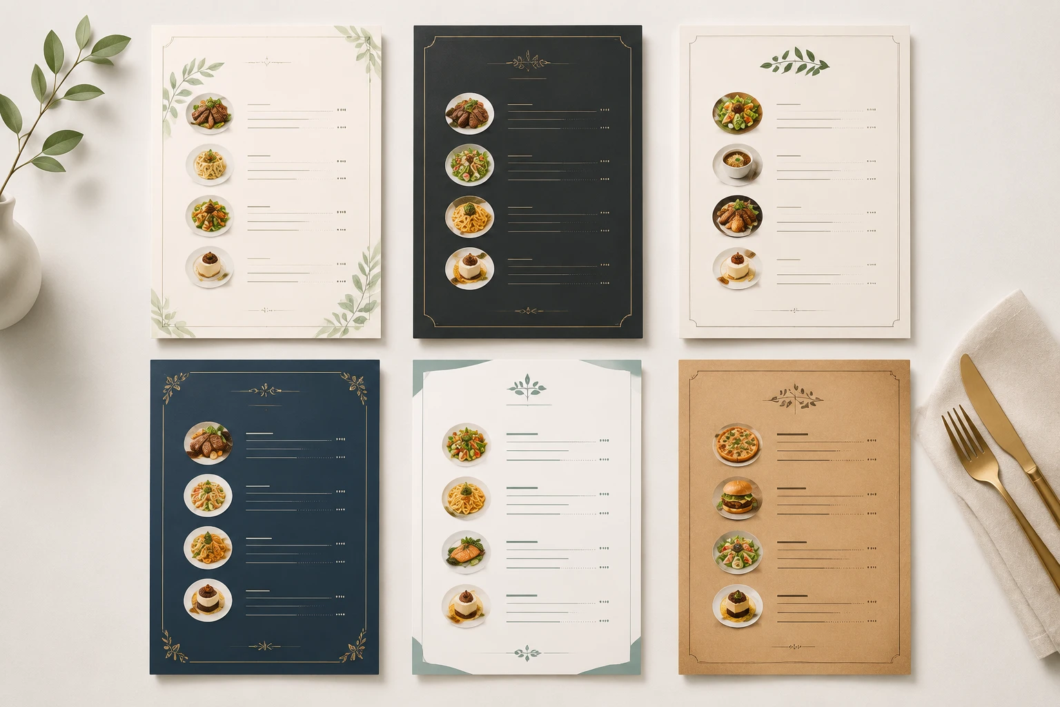 VideoAI generating several restaurant menu design options from one text prompt for comparison