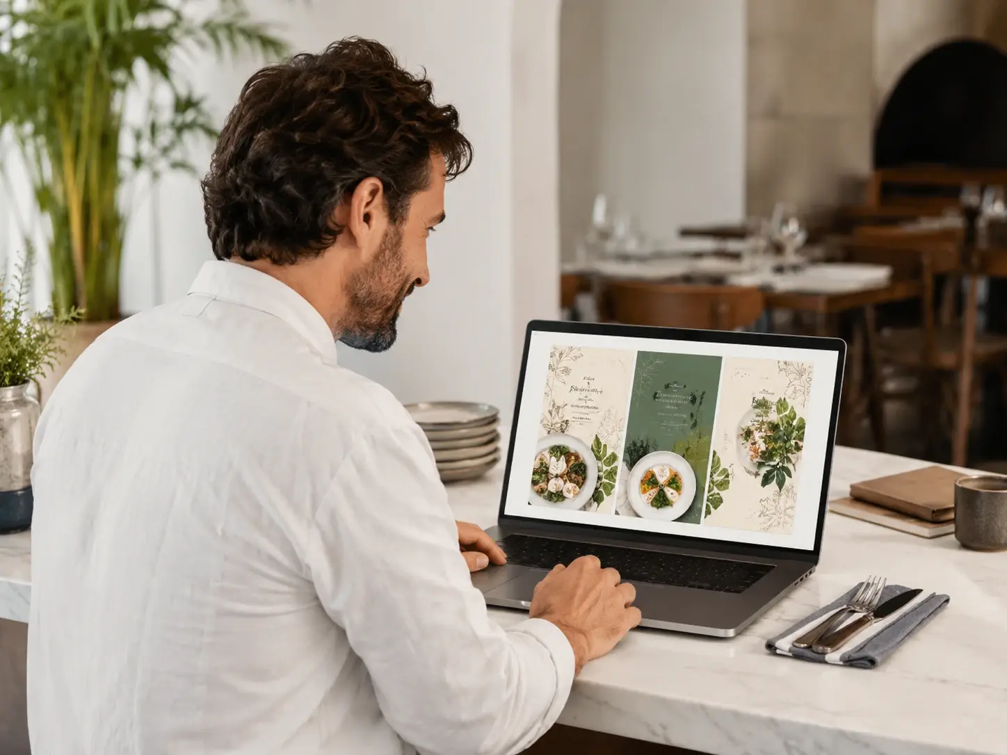 Restaurant owner reviewing a print ready menu design made with VideoAI on a laptop