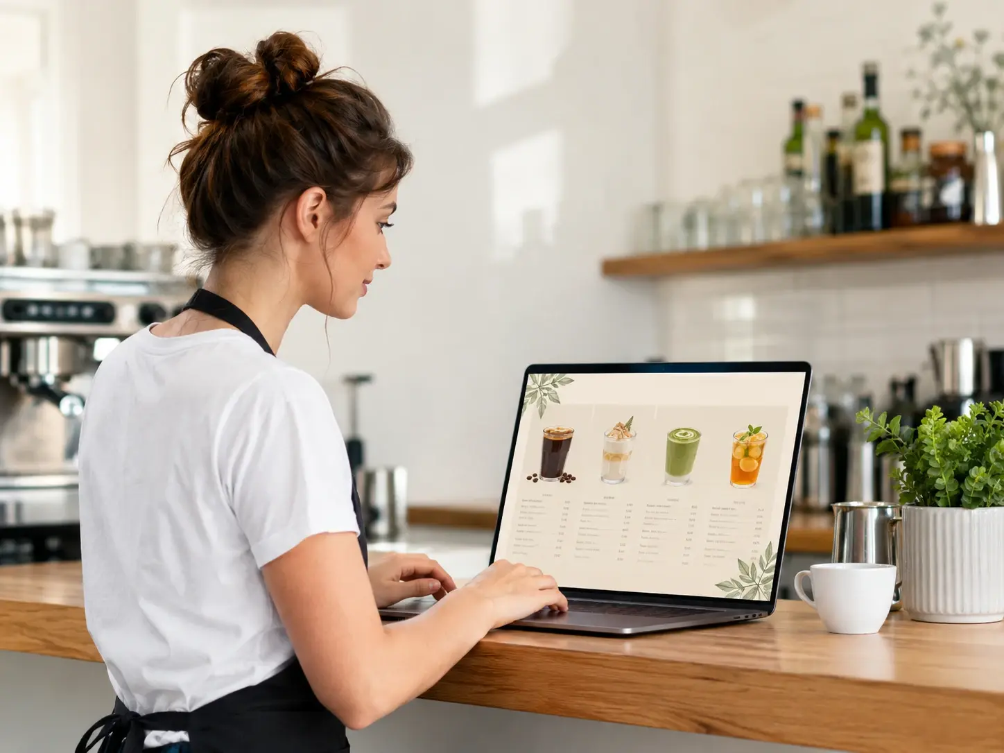 Cafe staff updating a drink menu design with new prices using an online menu maker