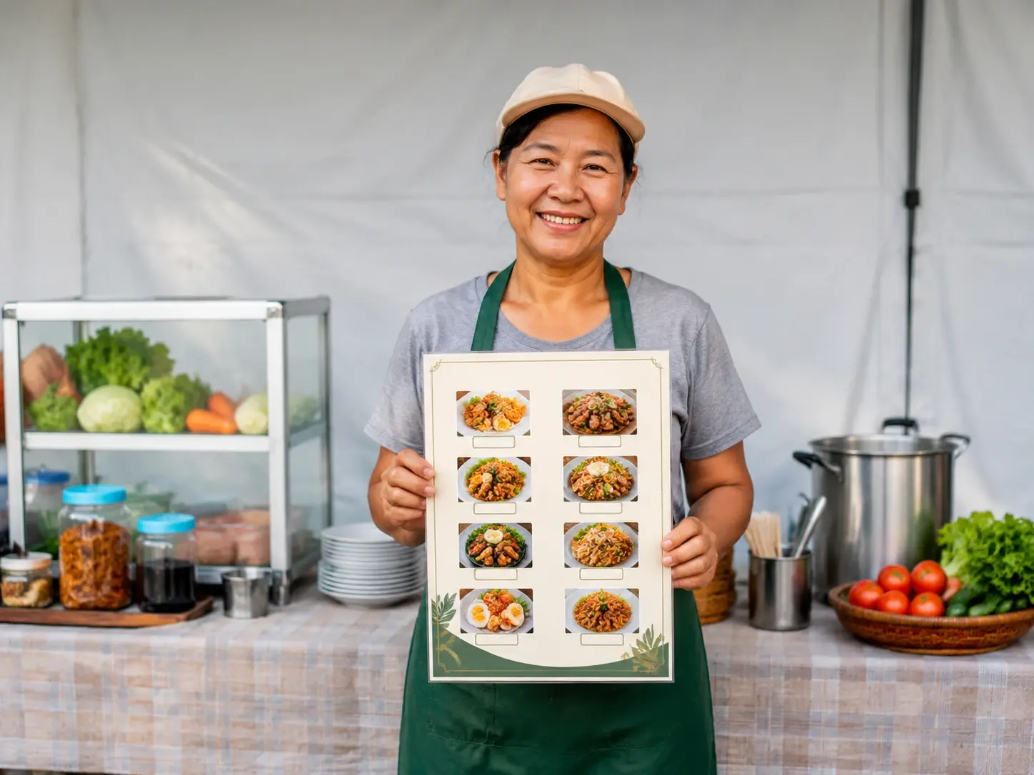 Market vendor holding a freshly printed food menu design made without design software