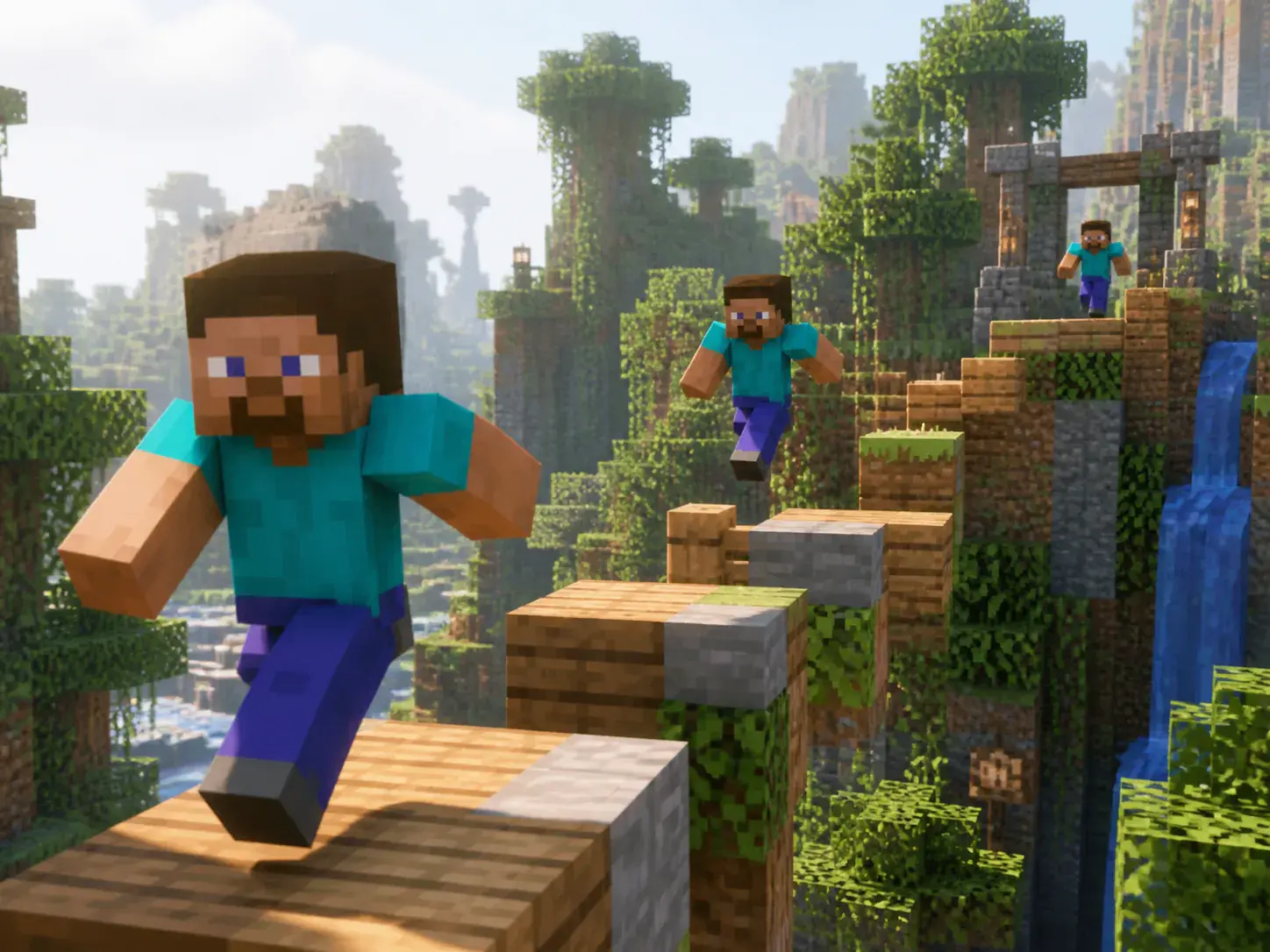 Consistent animated block character across multiple parkour scene frames