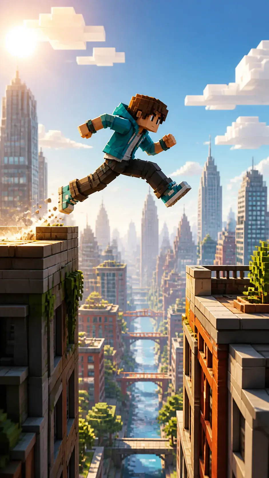 Vertical block world runner clearing a rooftop gap in warm daylight