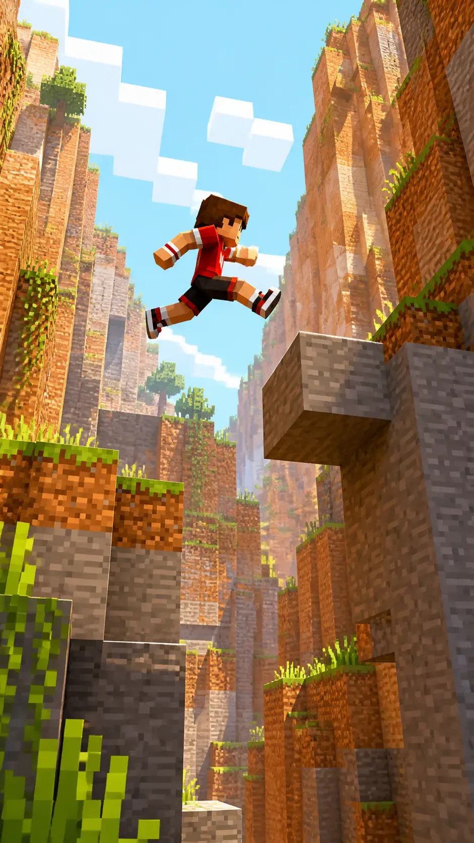 Block world parkour runner jumping between stone ledges above a bright canyon