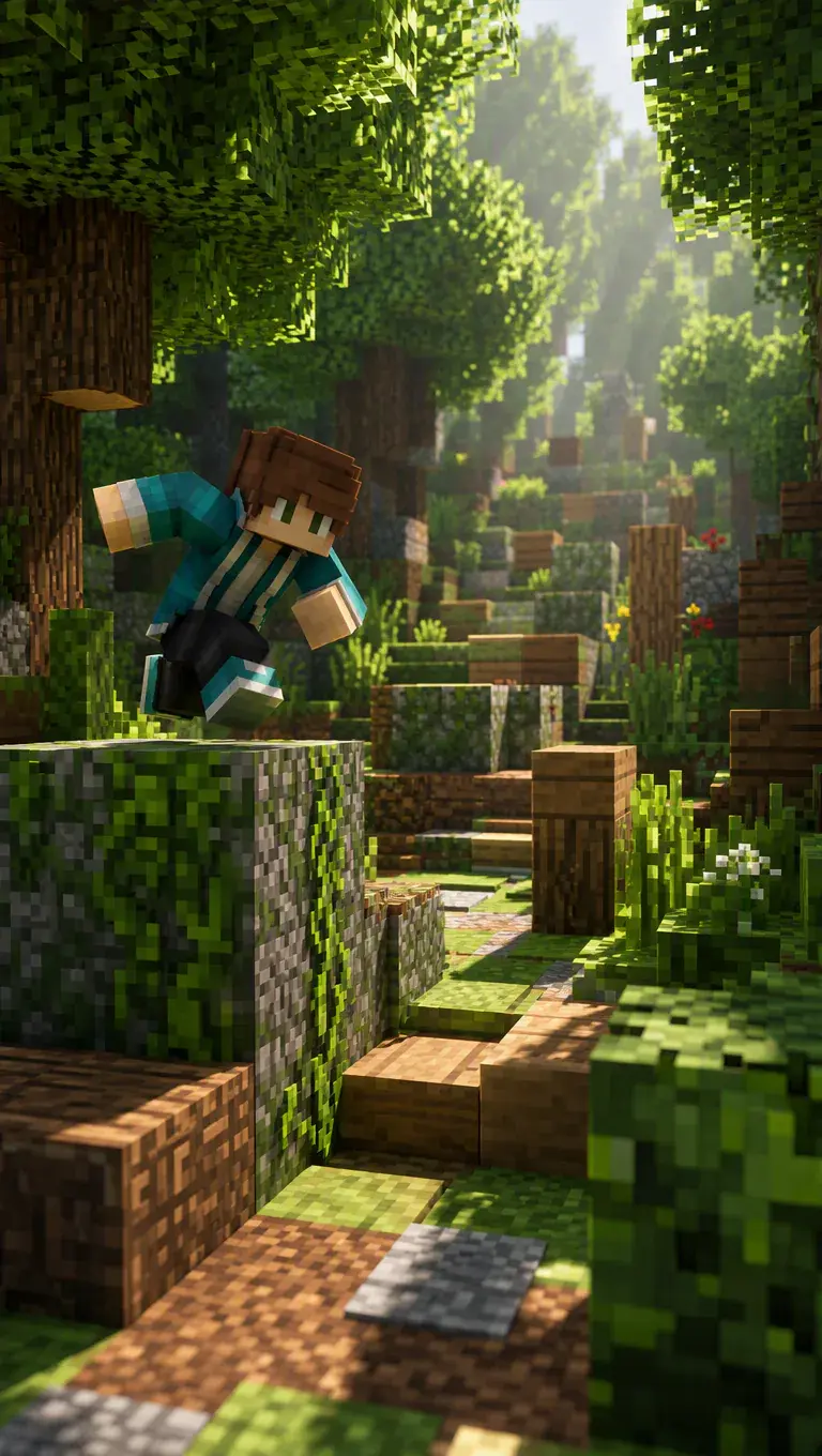 Runner moving through a green block world forest obstacle course