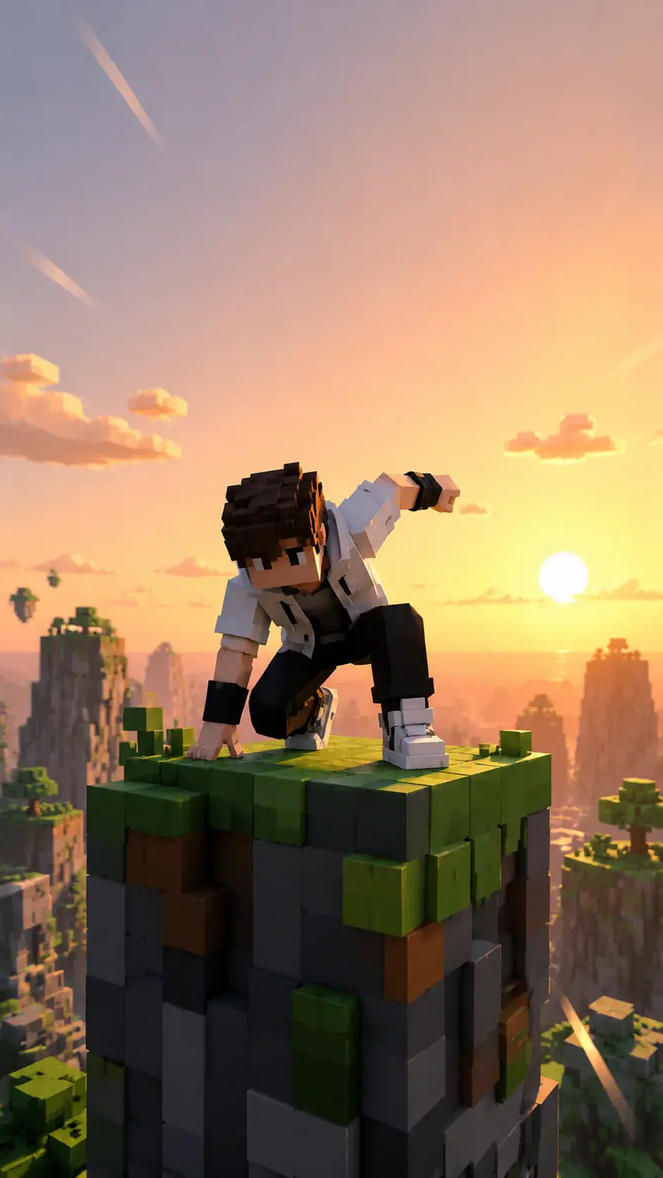 Block world runner reaching a parkour finish platform at sunset