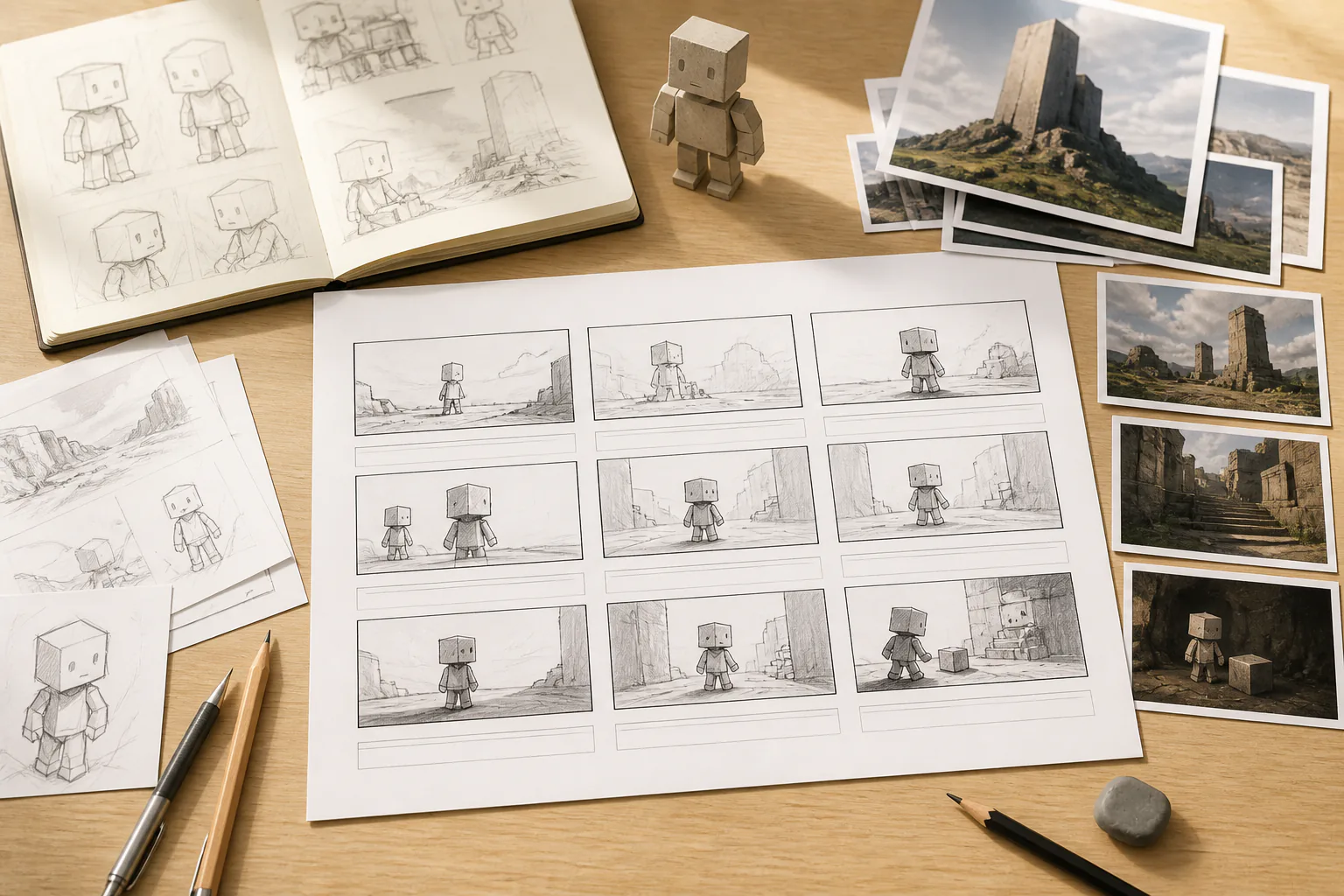 Story script with image, video, and audio references saved in a creator workspace