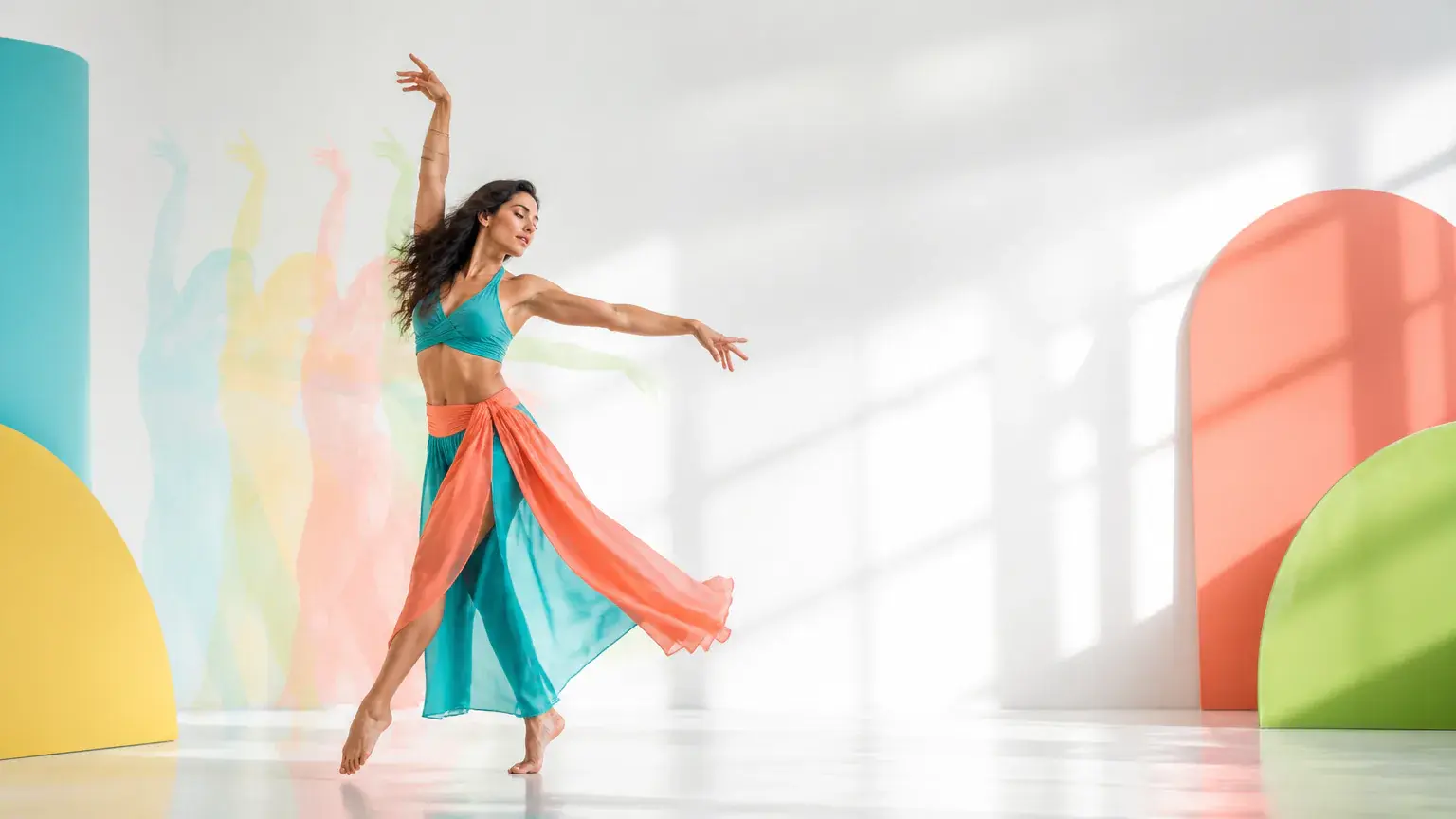 Character moving confidently across a bright creative studio with clean motion trails