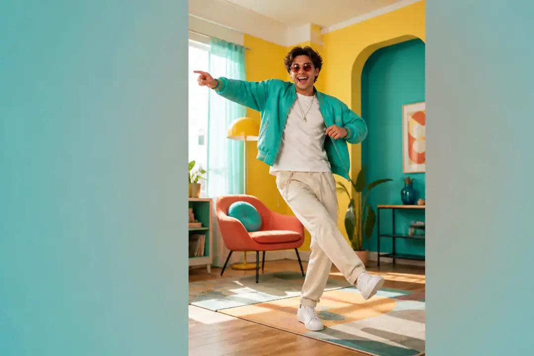 Character performing a lively reference movement in a vertical social video scene