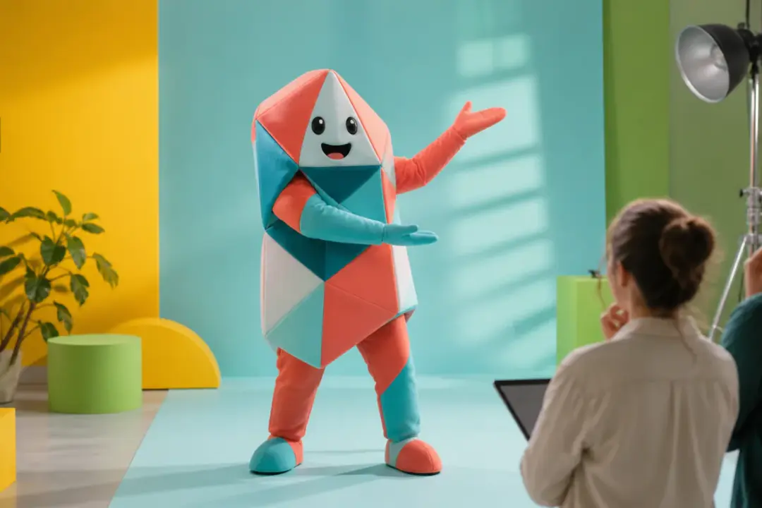 Creative team reviewing a mascot gesture concept for a campaign clip