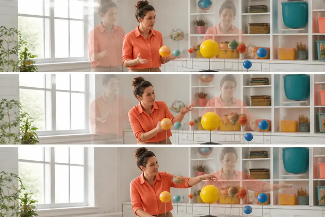 Presenter moving through a planned explainer scene in a bright classroom studio