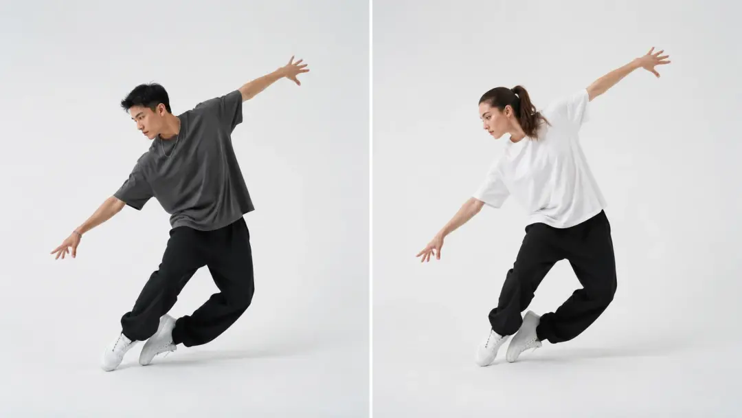 Reference dancer and target person performing same dance move