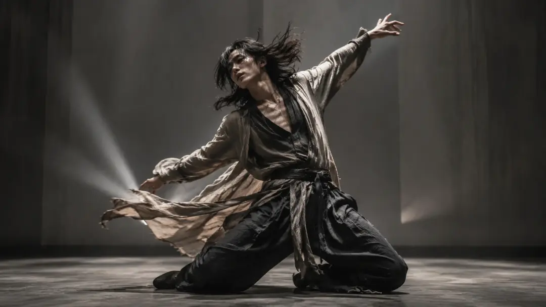 Music video performer in dramatic dynamic pose mid-movement