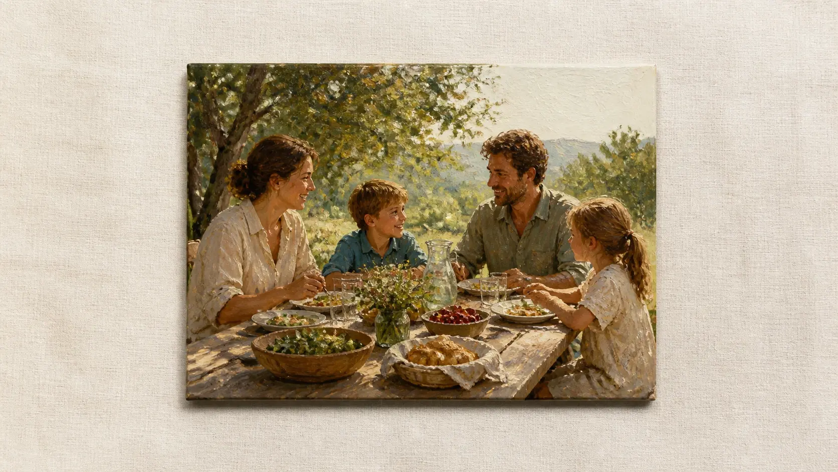 A single finished painting of a family photo resting complete on a clean pale surface