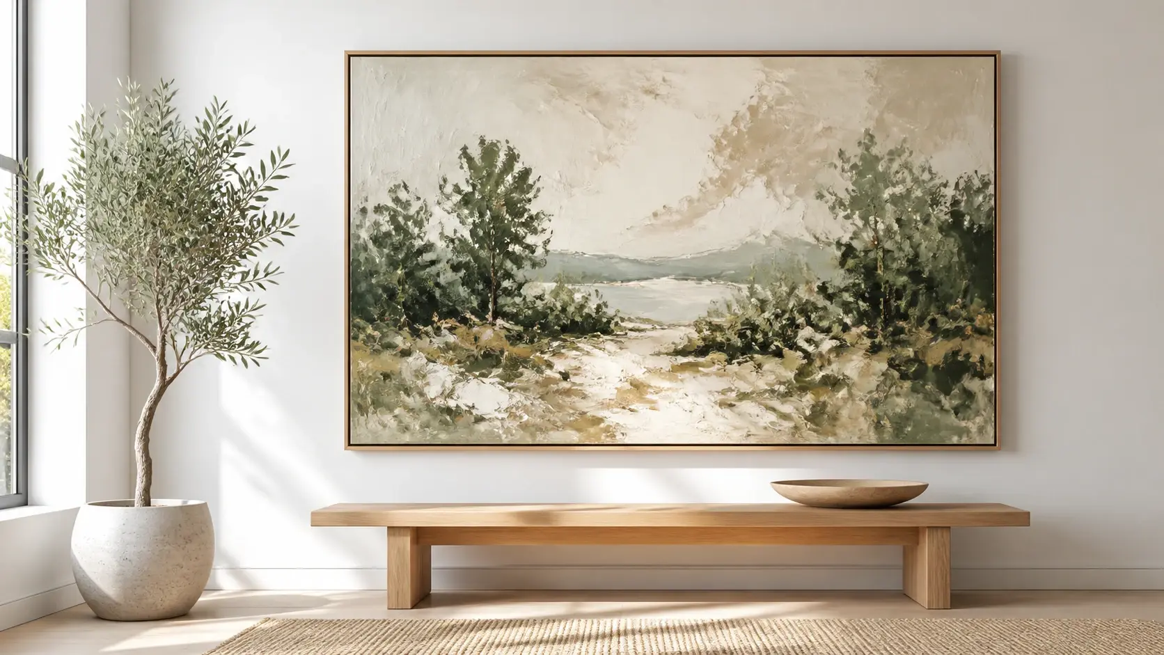 A large framed painted portrait hanging on a bright wall above a wooden bench