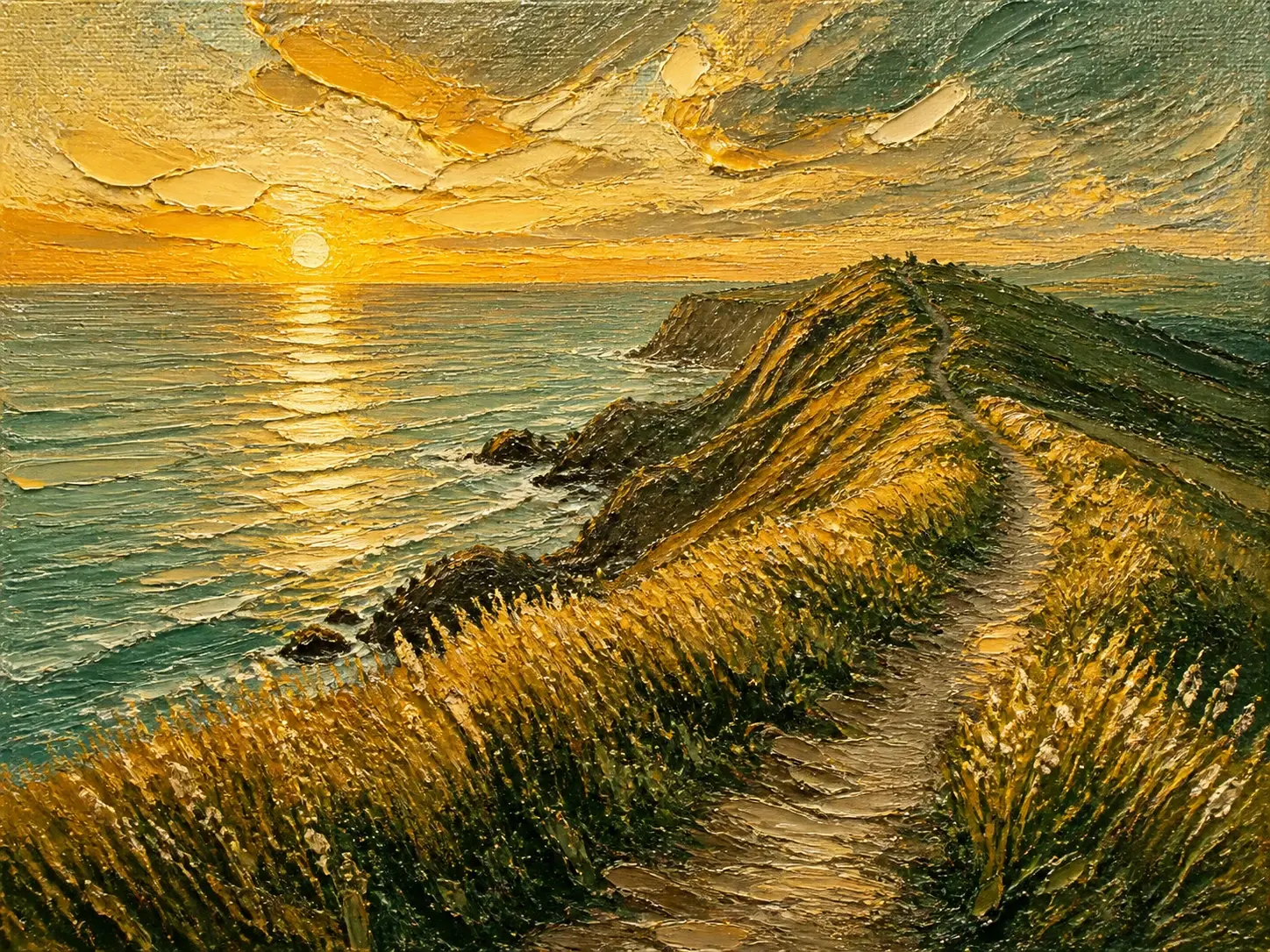 The same coastal ridge rendered as an oil painting with thick visible brushstrokes and canvas weave