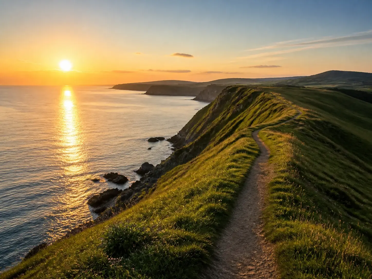 A plain photograph of a coastal ridge at sunset before the painting filter runs