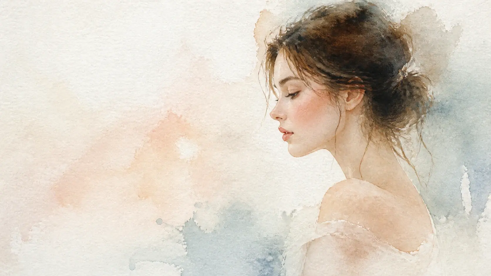 A soft portrait in watercolor where pigment bleeds gently across textured paper