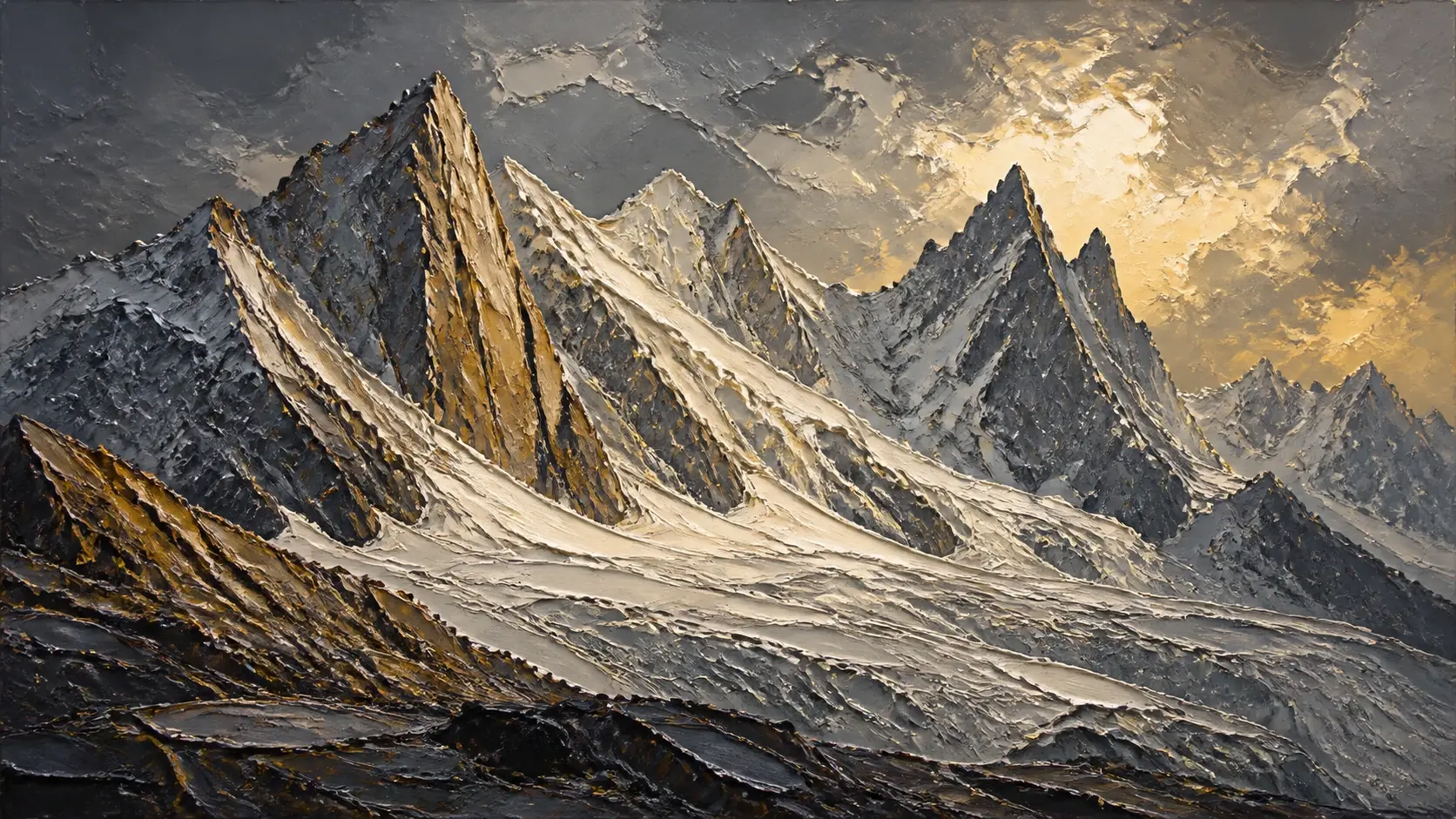 A dramatic mountain scene in thick oil paint with ridged strokes standing off the canvas