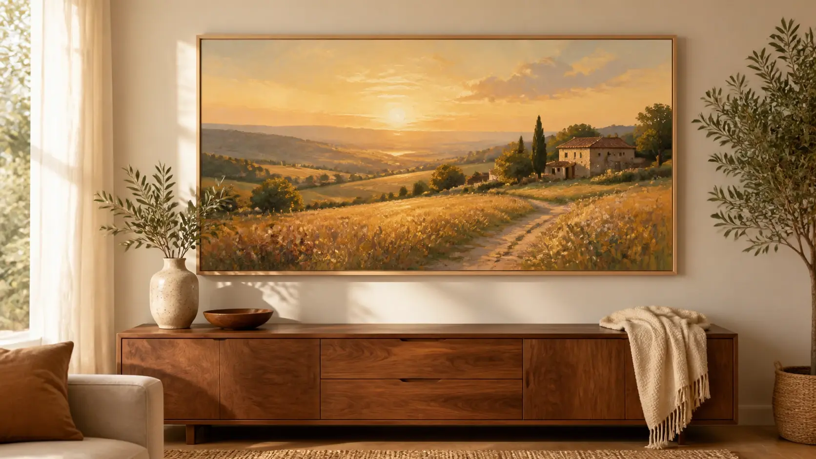 A wide painted valley at golden hour hanging framed above a living room sideboard