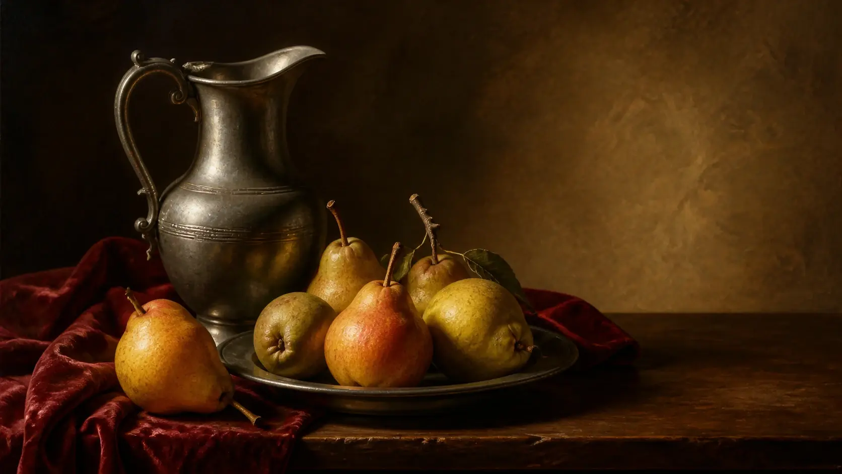A fruit and pewter still life painted with deep classical shadow and a warm golden glow