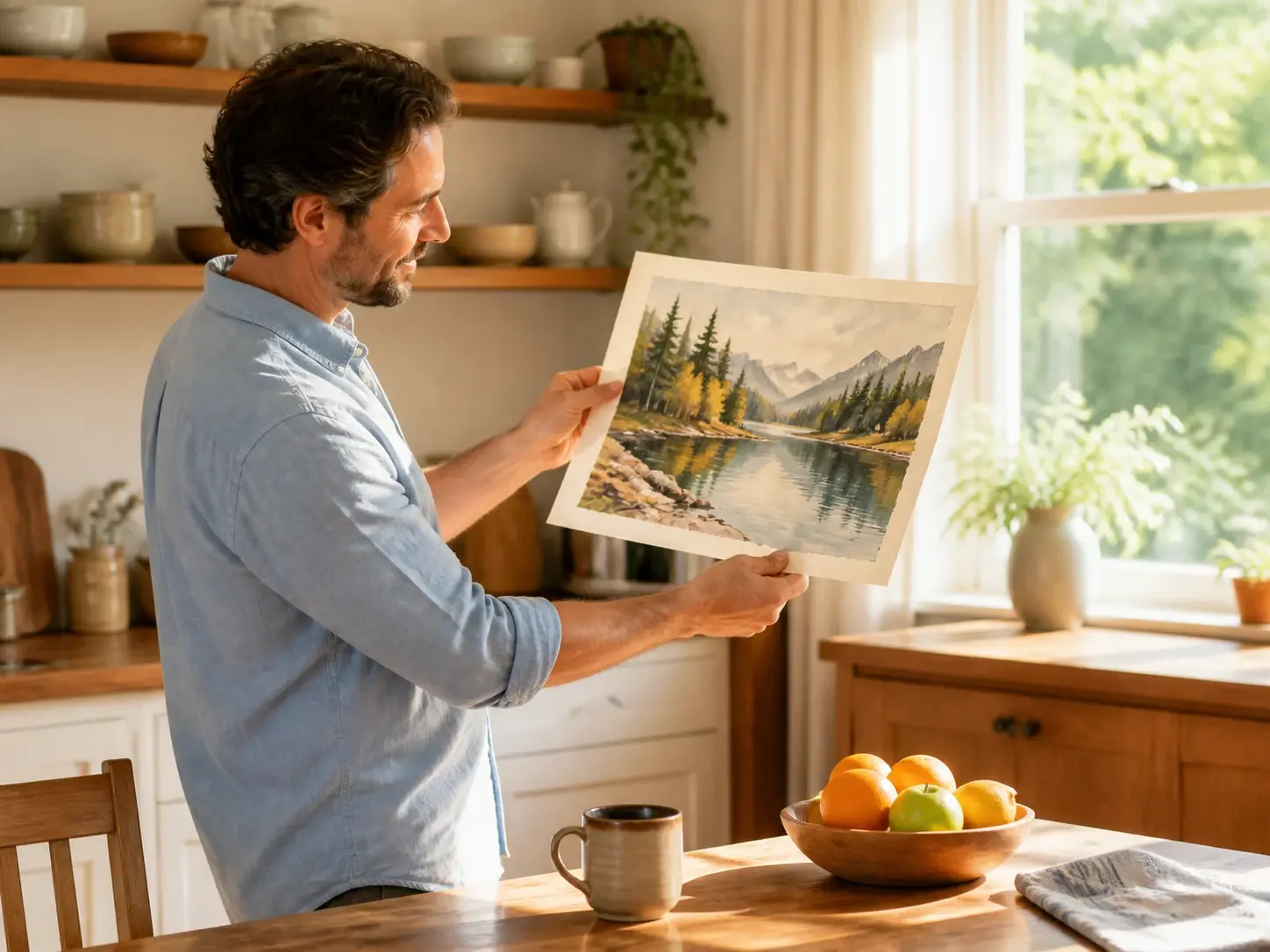 A person at a sunlit kitchen table holding a finished painted print of their own photo