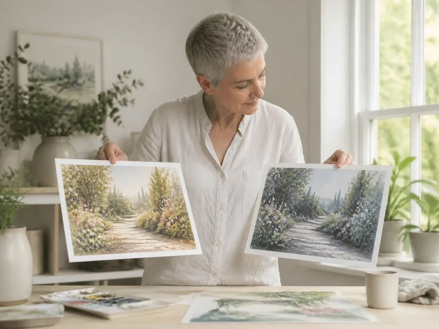 Someone comparing two painted prints of the same scene side by side on a bright desk
