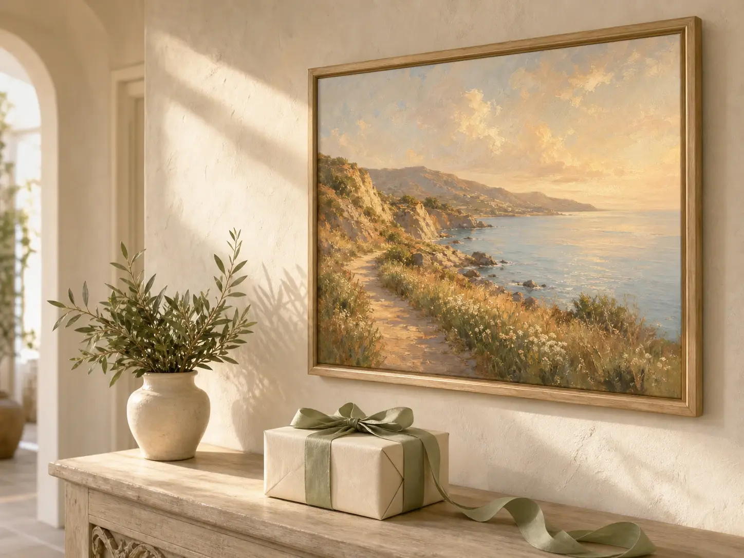 A framed painted landscape hanging on a pale living room wall beside a wrapped gift ribbon