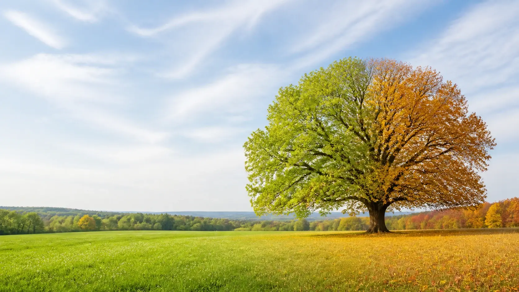 An open meadow and broad oak shifting from spring green to autumn gold within one continuous landscape