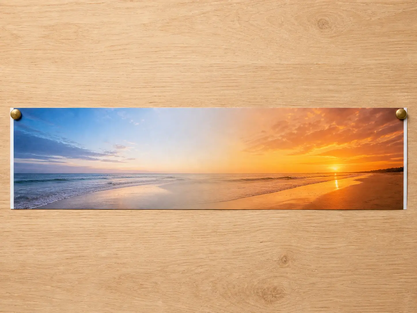 Two printed photographs pinned at either end of a desk with a printed ribbon shifting between them