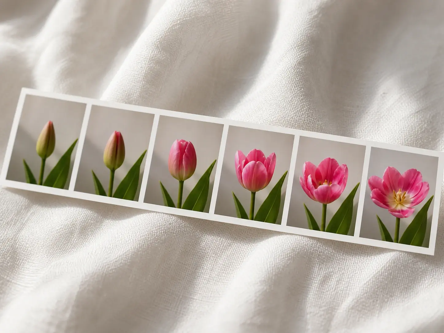 A strip of printed frames where a tulip bud opens step by step into a full bloom