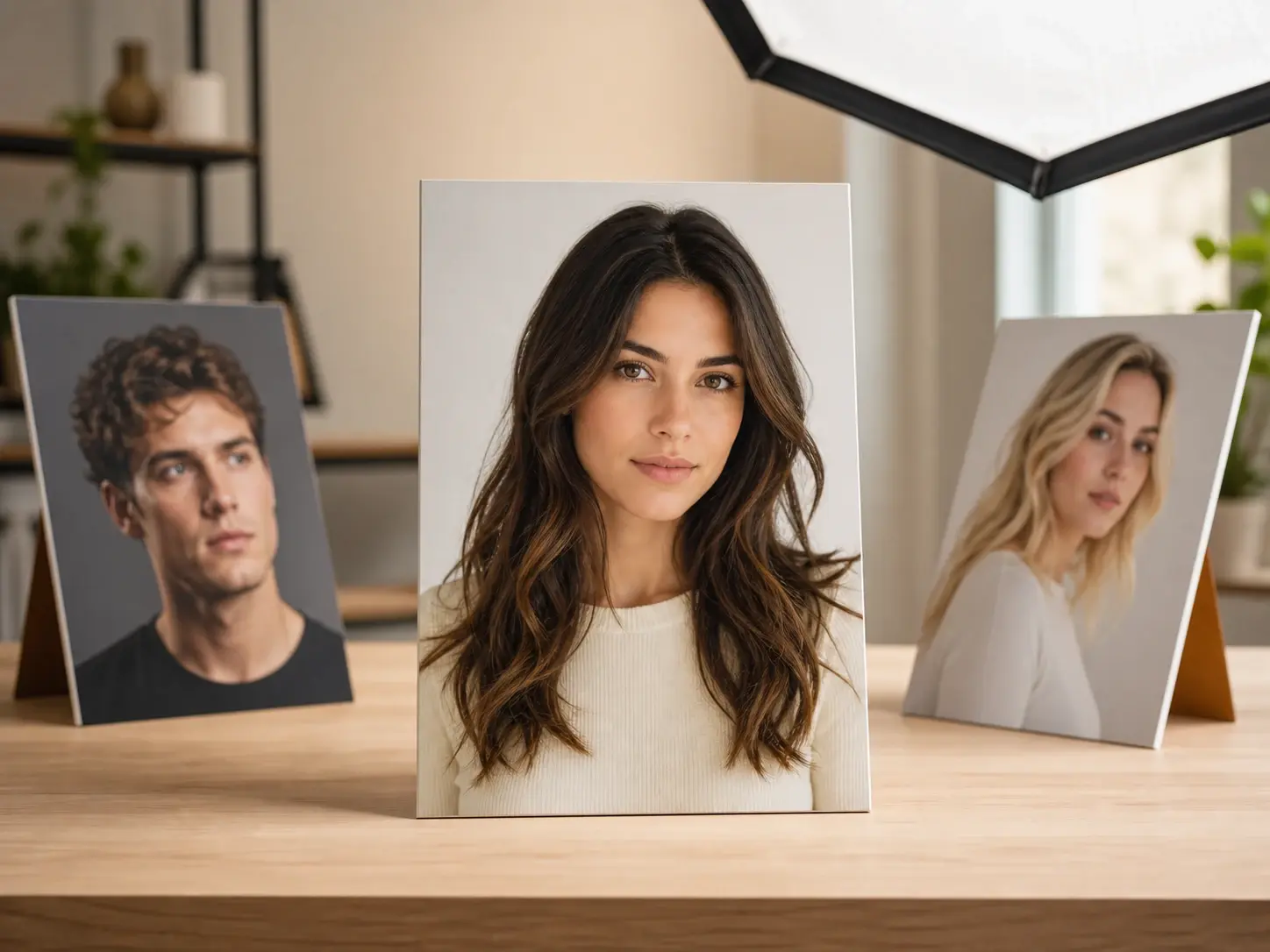 One sharply lit portrait print standing between two angled prints of clearly different people