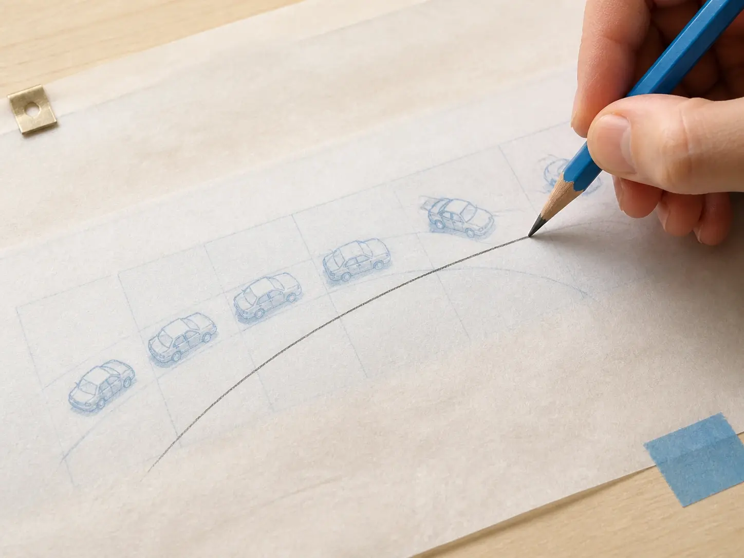 A hand drawing a curved pencil path across tracing paper laid over a row of printed motion frames