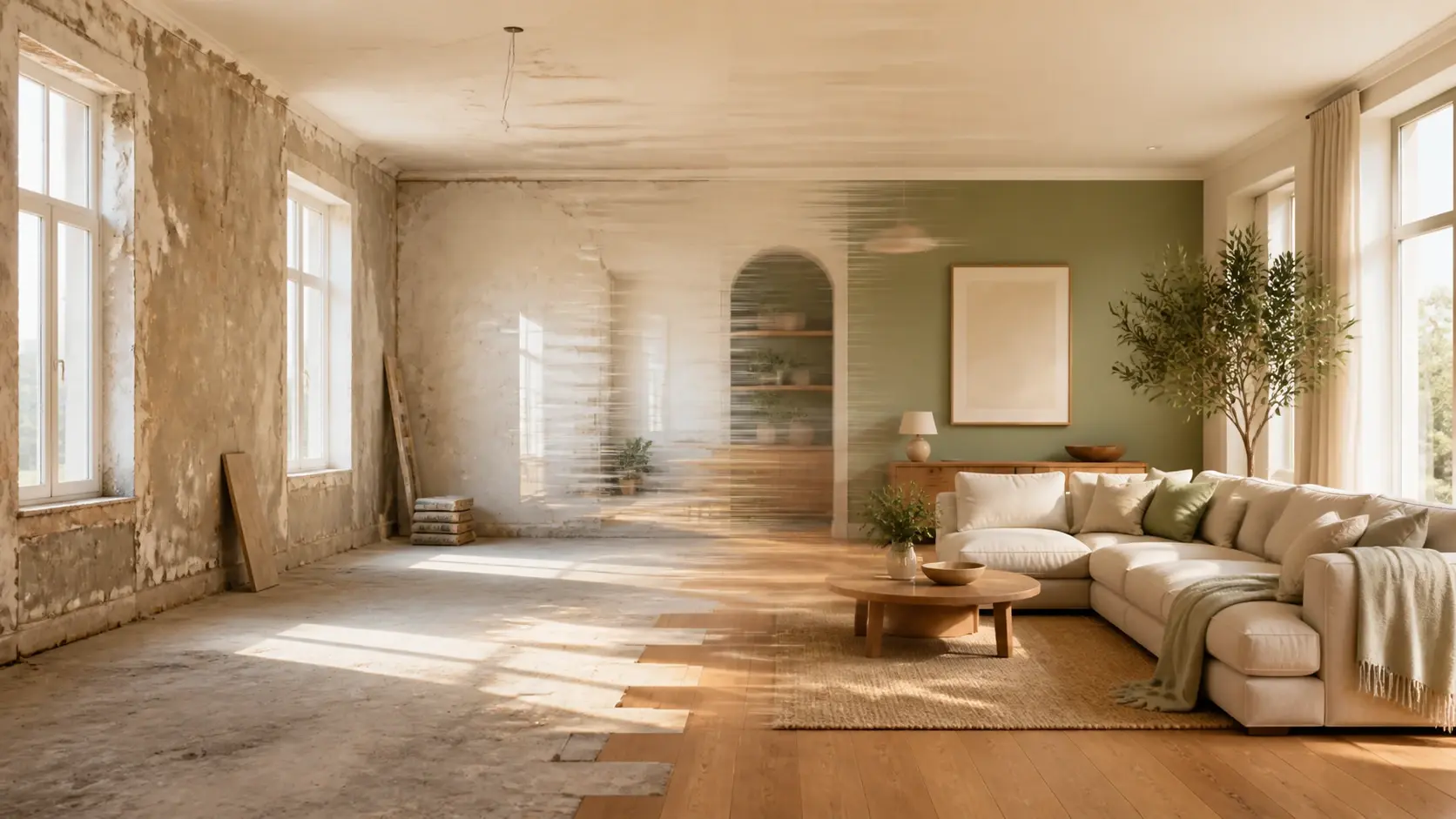 A sunlit living room caught mid transformation, bare plaster flowing into a finished warm interior