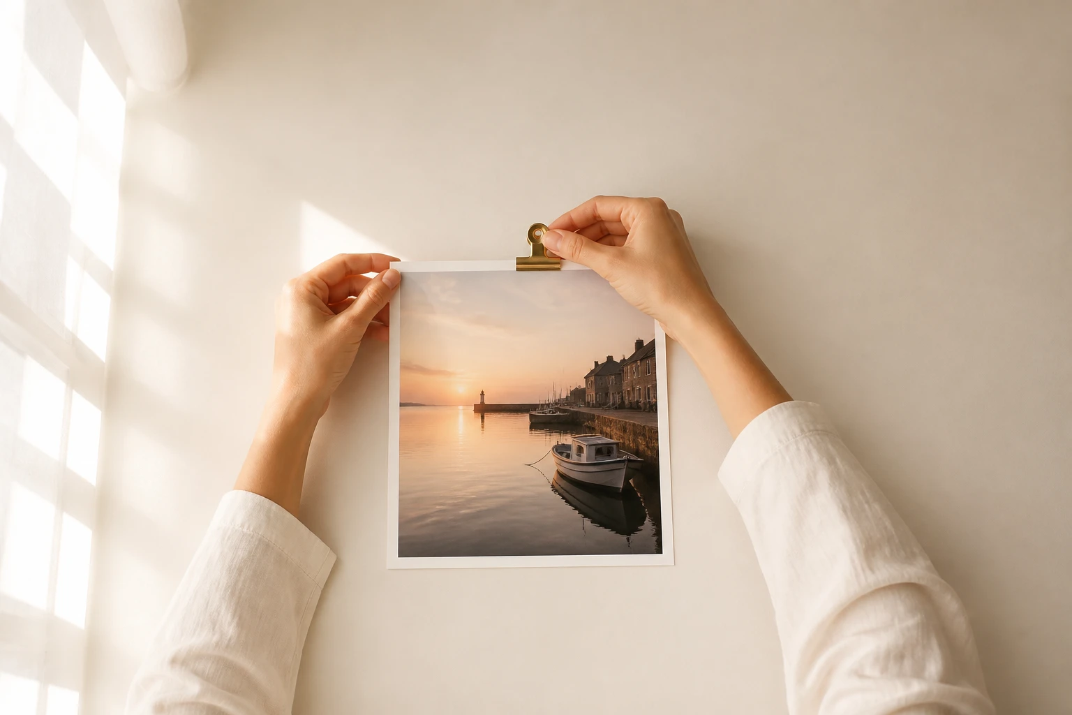 Hands clipping a single printed harbour photograph onto an otherwise empty pale desk