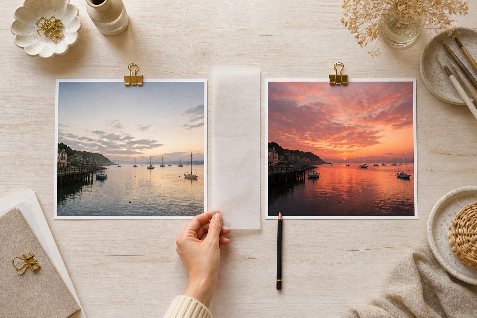 Two clipped harbour photographs at dawn and sunset with a blank strip of tracing paper laid between them