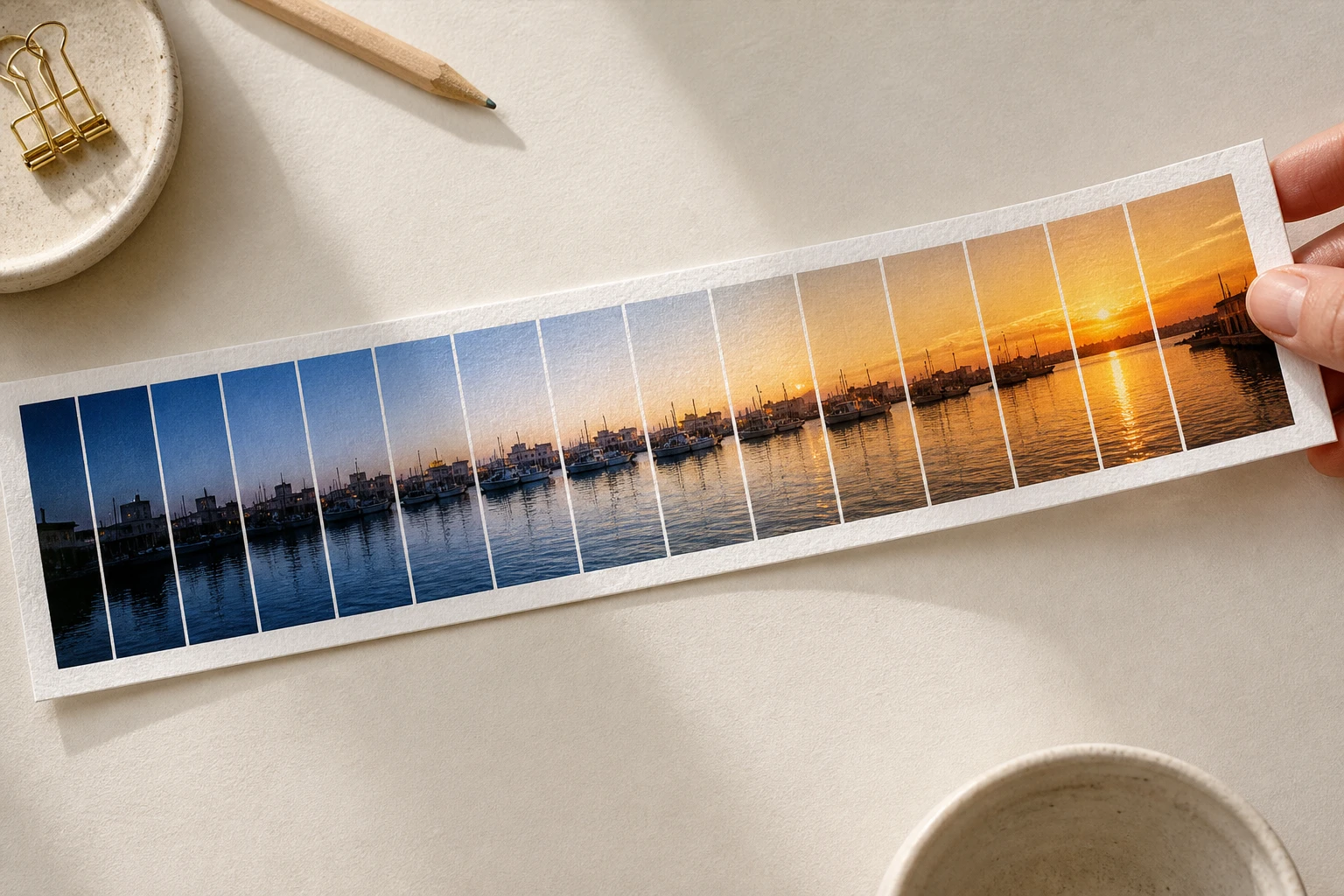 A continuous printed strip of frames carrying the harbour from dawn to sunset between the two clipped photos