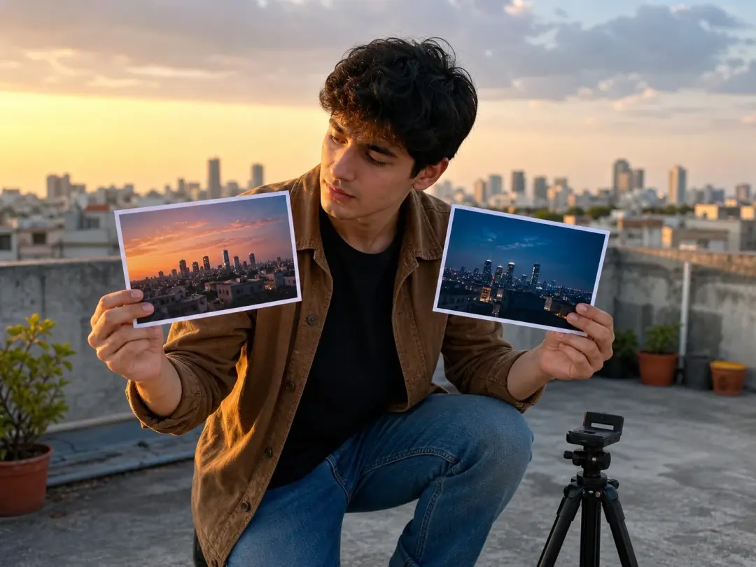 A short video creator on a rooftop holding two printed photographs of the same skyline hours apart
