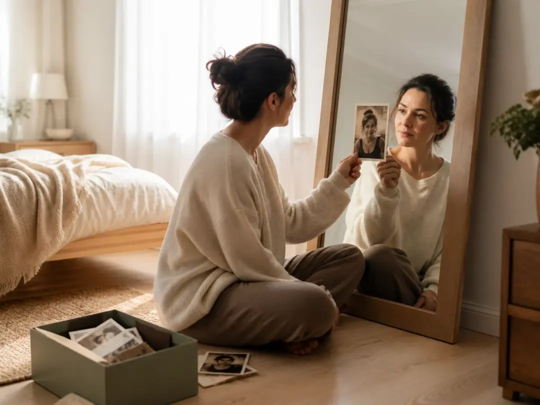 A woman holding an old print of herself beside her reflection in a leaning bedroom mirror
