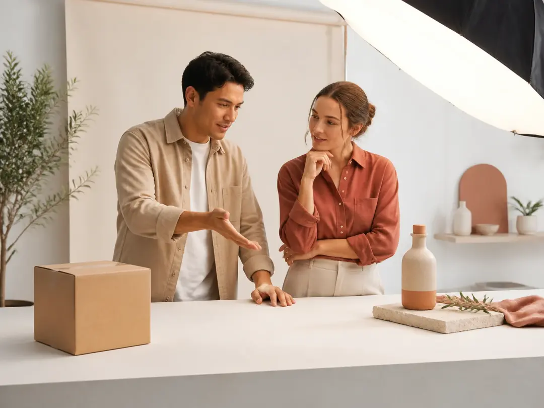 Two marketers at a studio bench between a sealed product box and the same bottle styled and unboxed