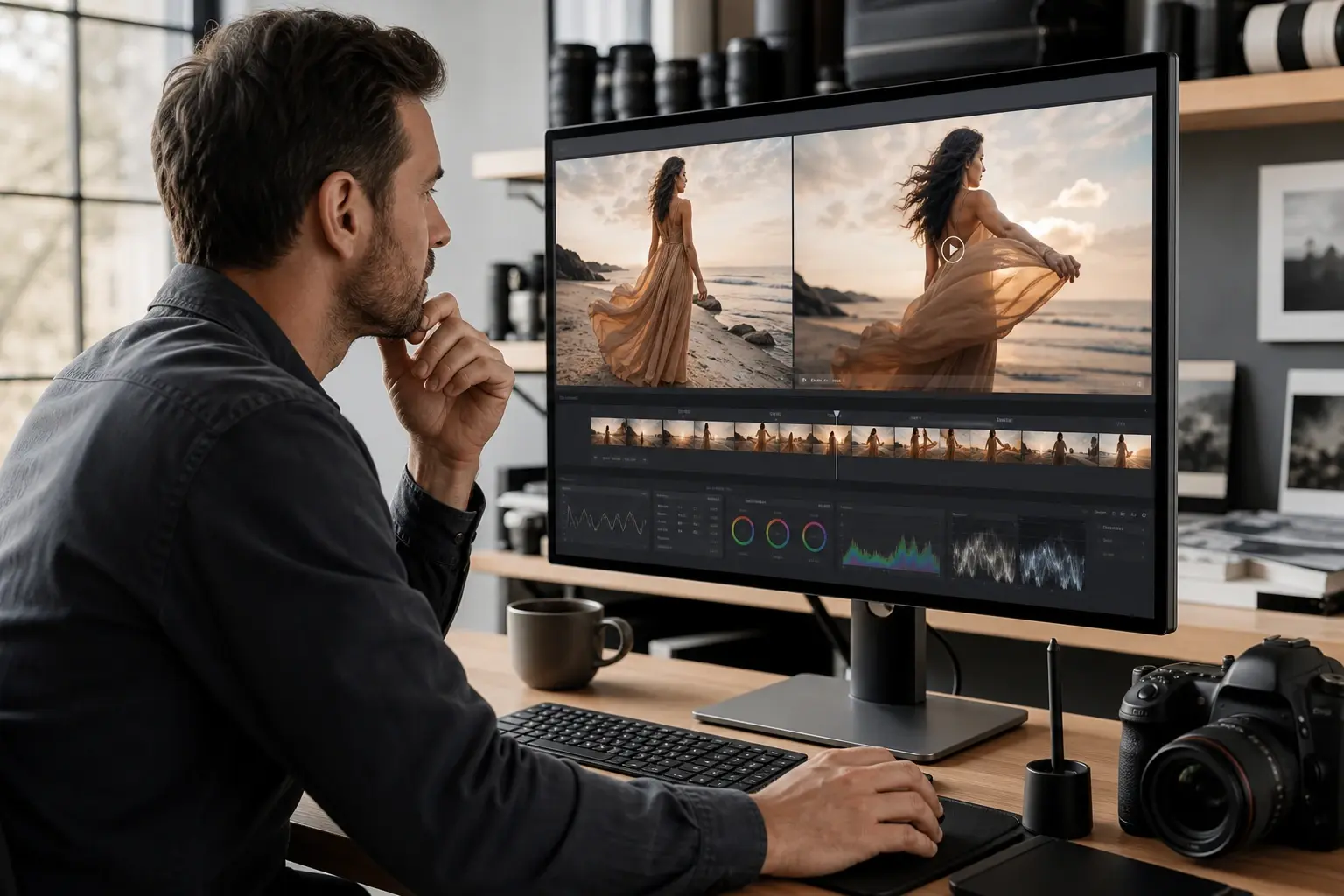 Portrait photo being converted using photo to video ai with a natural motion video preview alongside