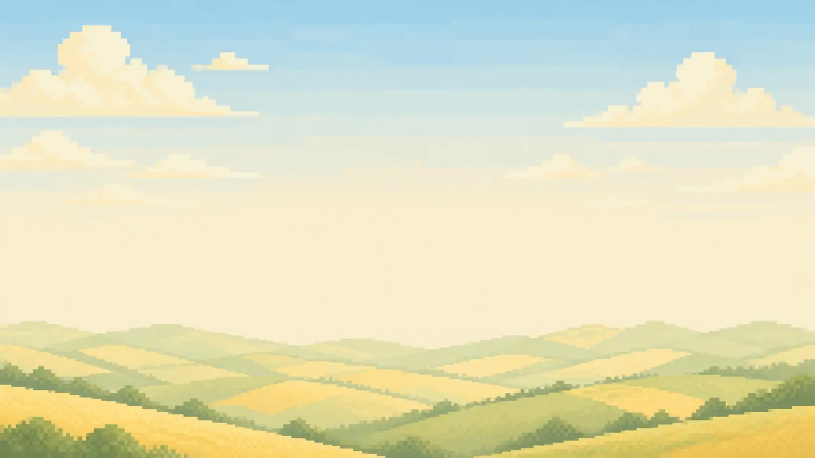 A wide pixel art horizon of rolling hills under a bright sky built from soft blocky squares