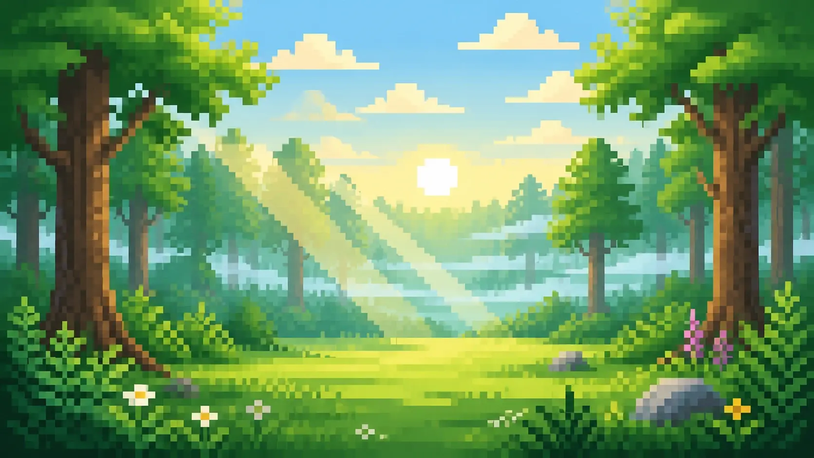 A pixel art forest clearing at dawn built entirely from a short written description