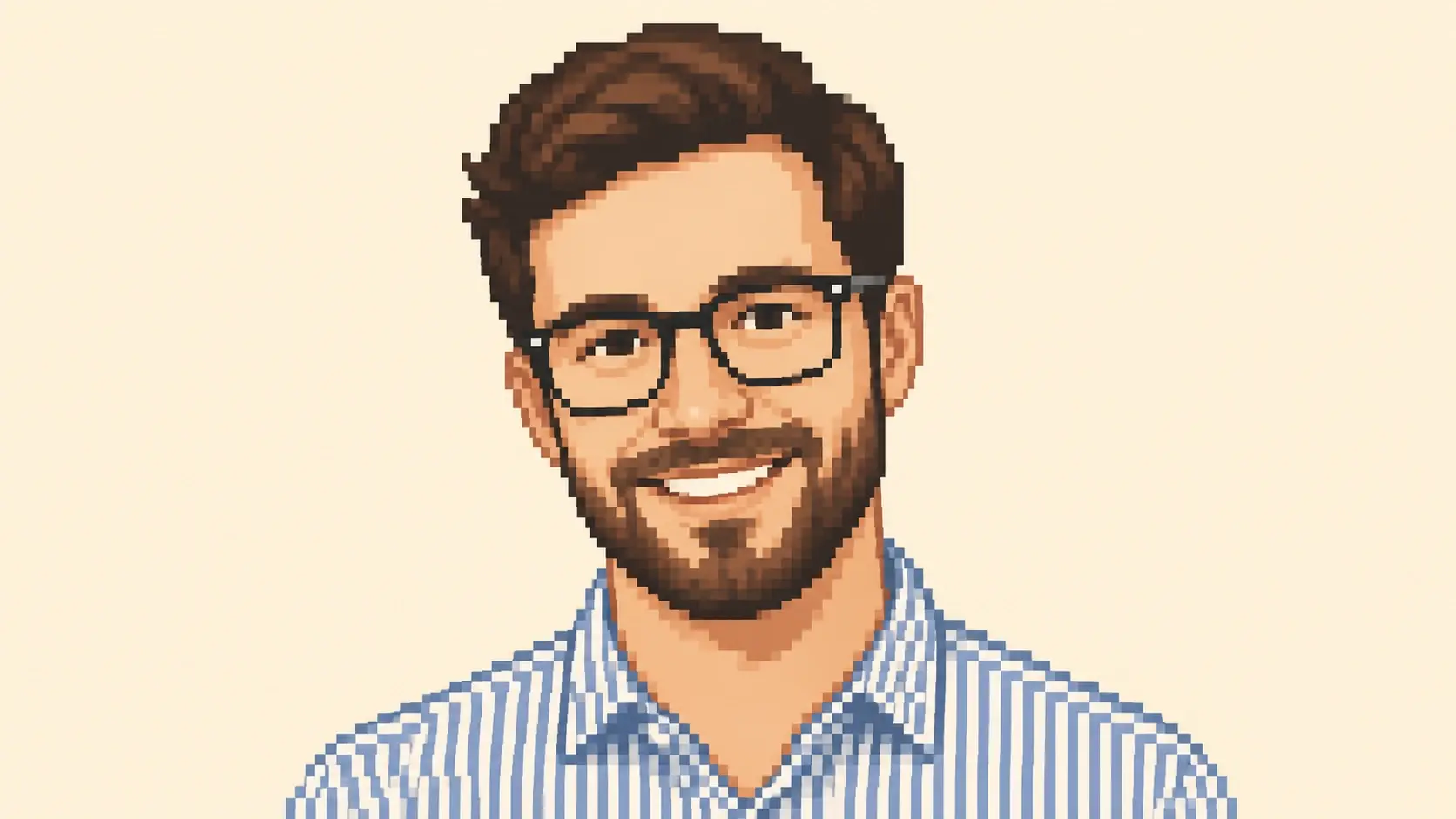 A photo of a smiling man redrawn as blocky pixel art with his features still recognisable
